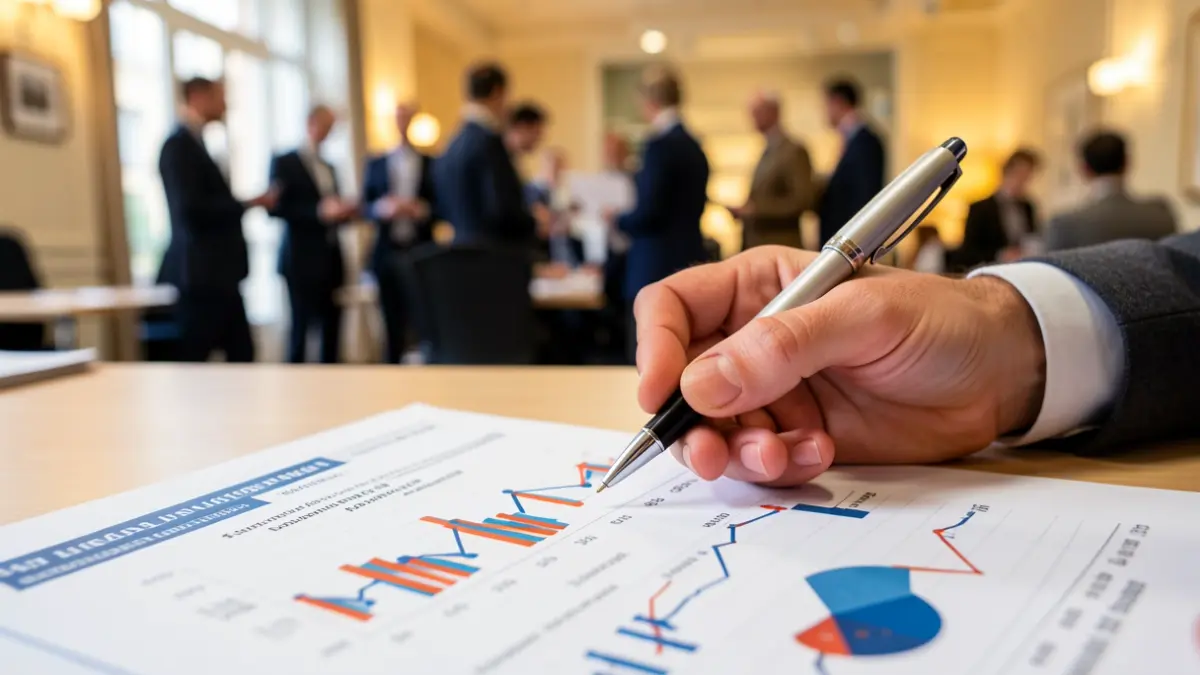 Close-up of a hand holding a pen over a document with financial charts, in an office in Vienne.