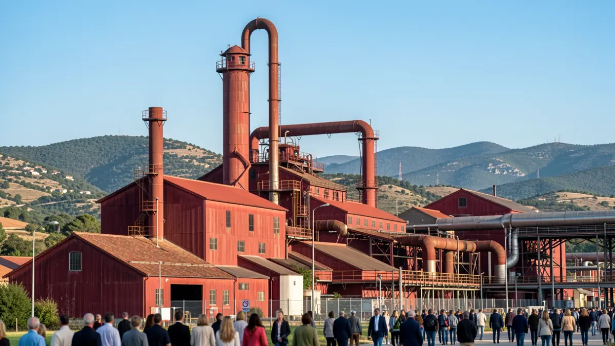 Image générique d'une usine industrielle avec des bâtiments teintés de rouge et de grands tuyaux, dans un paysage méditerranéen.