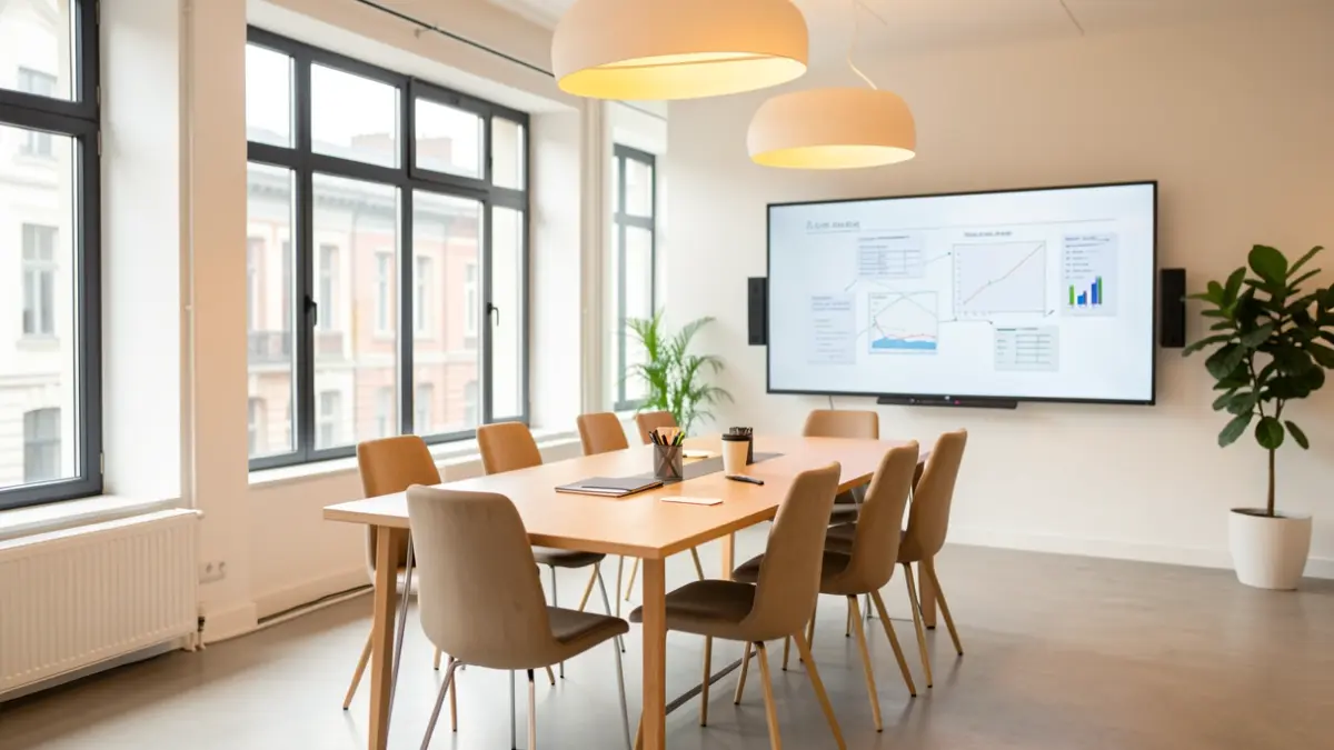 Bright meeting room in a business incubator, with table, chairs, and presentation screen.