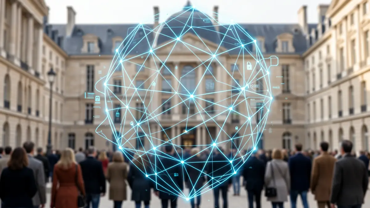 Image générique de cybersécurité avec des lignes de réseau numériques et un bouclier protecteur.