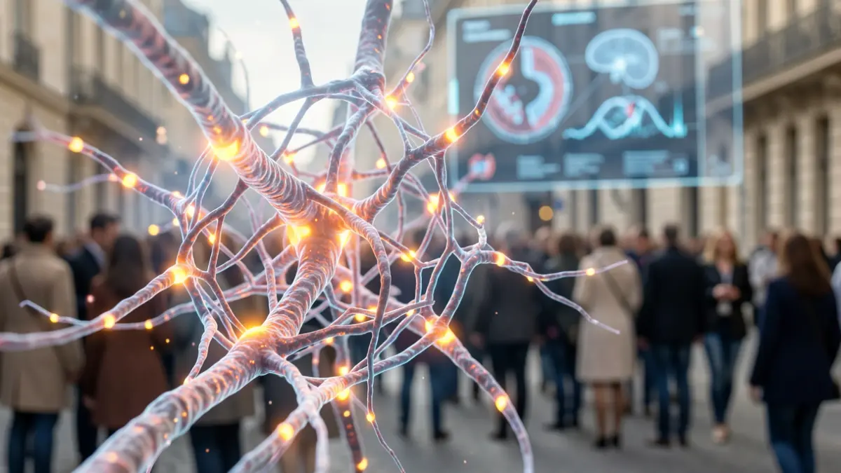 Image conceptuelle du microenvironnement tumoral, avec des éléments de biologie, d'imagerie médicale et d'intelligence artificielle.