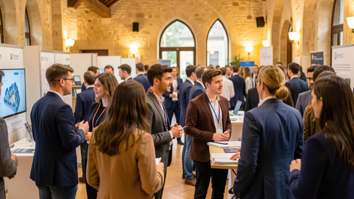 Generic image of a business forum with students and company representatives interacting in a bright hall.