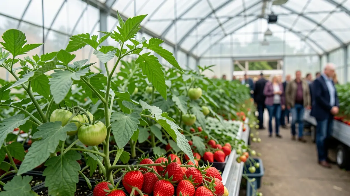 Generic image of tomato and strawberry plants under a greenhouse.