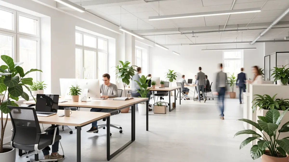 Interior of a modern business incubator with bright co-working spaces and green plants.