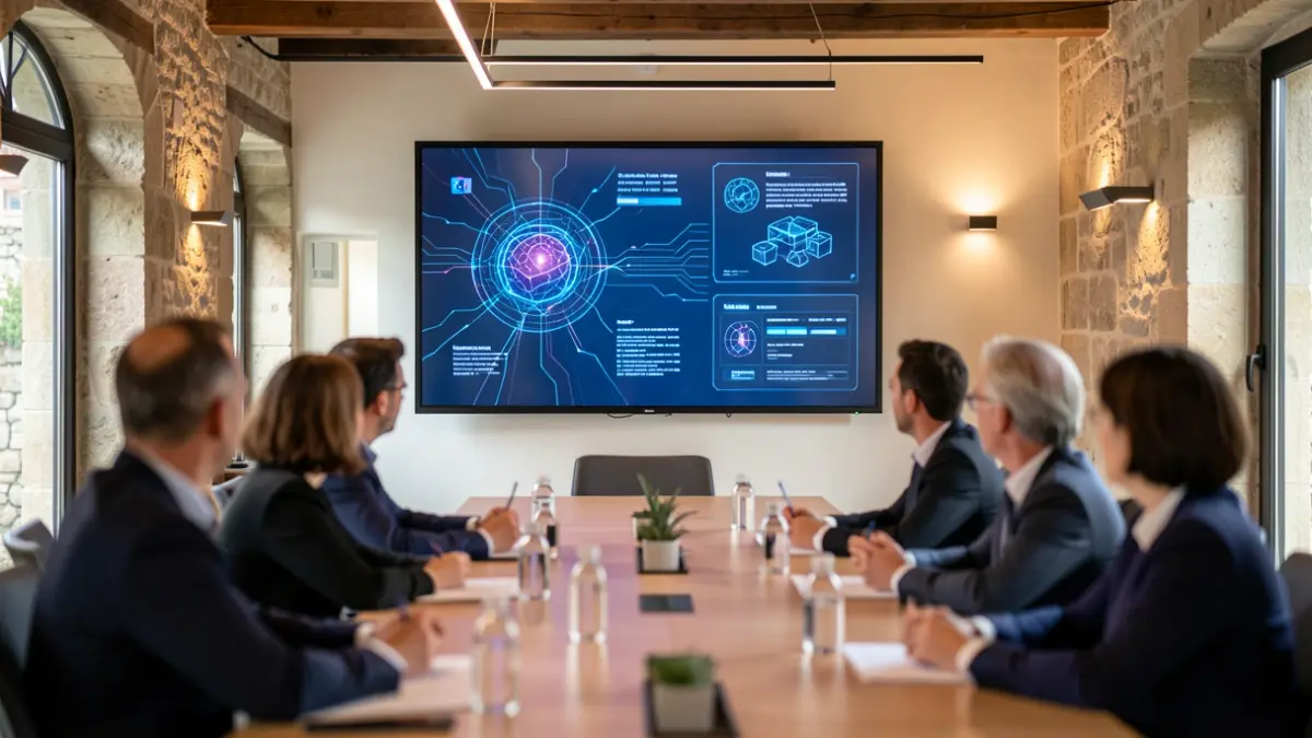 Salle de conférence high-tech à Nice, axée sur l'intelligence artificielle et l'avenir.