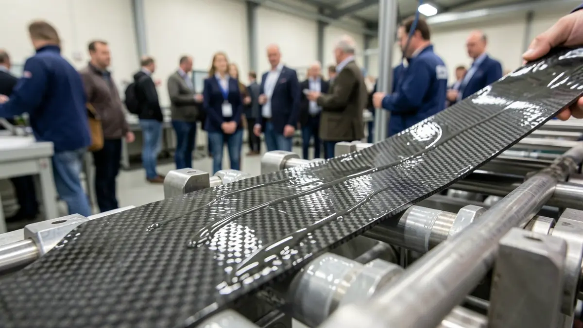 Carbon fiber reinforcement tape being impregnated with liquid in a pilot manufacturing line.