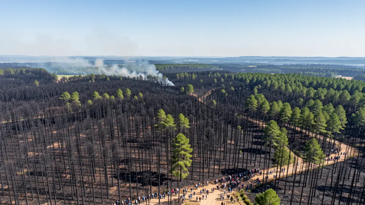 Vue aérienne d'une vaste zone forestière en Nouvelle-Aquitaine montrant des signes d'un récent incendie de grande ampleur, avec des arbres noirs calcinés et quelques repousses vertes émergeant, une brume de fumée au loin sous un ciel bleu clair.