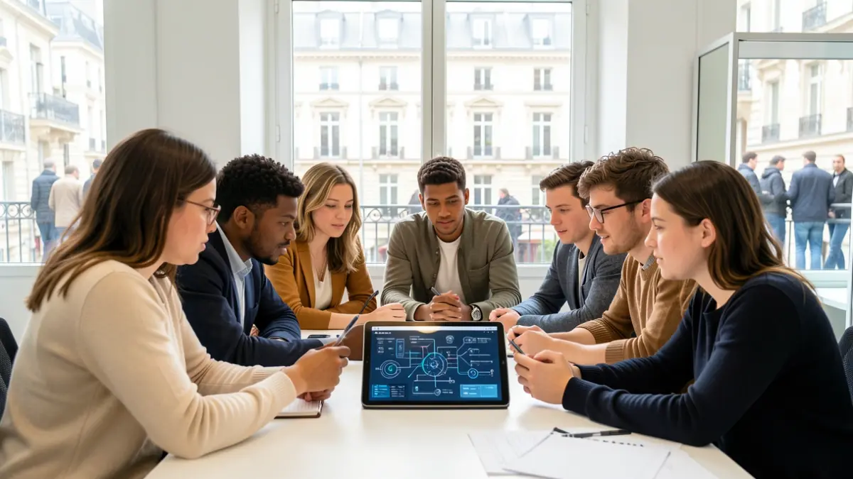 Groupe d'étudiants internationaux collaborant sur un projet technologique à Paris.