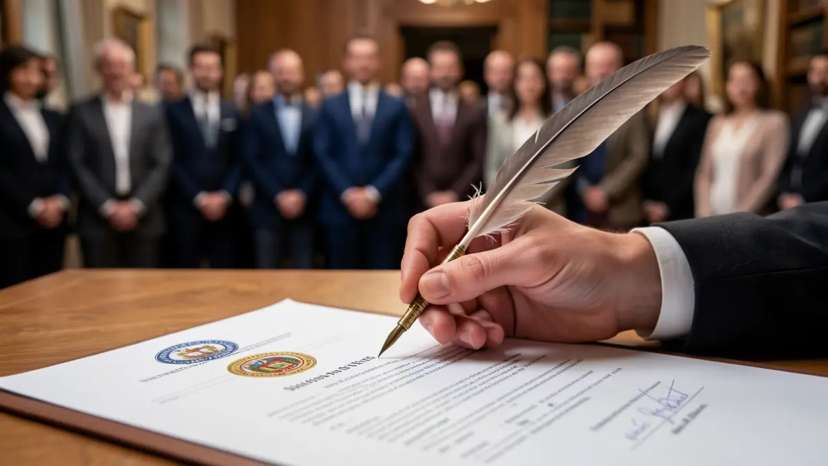 Generic image of a hand holding a quill pen over an official document.