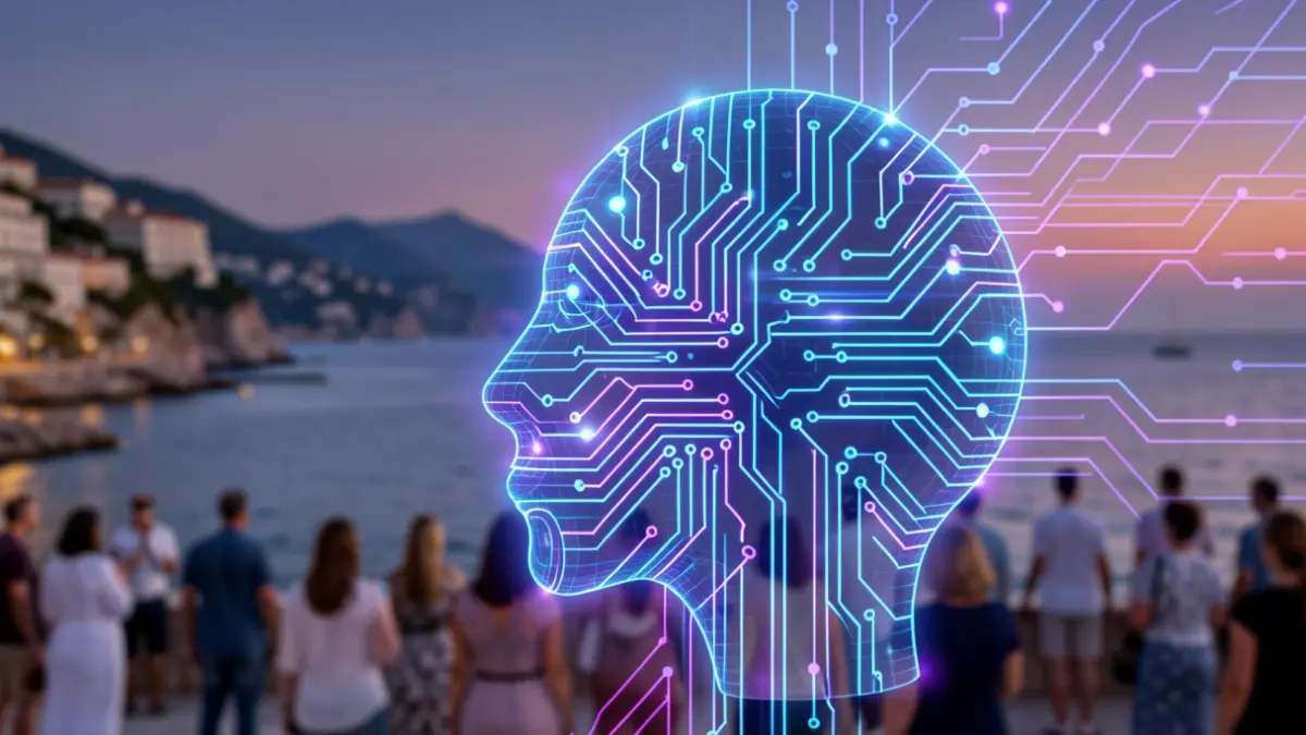 Abstract representation of artificial intelligence with glowing circuits against a backdrop of the French Riviera coastline at dusk.