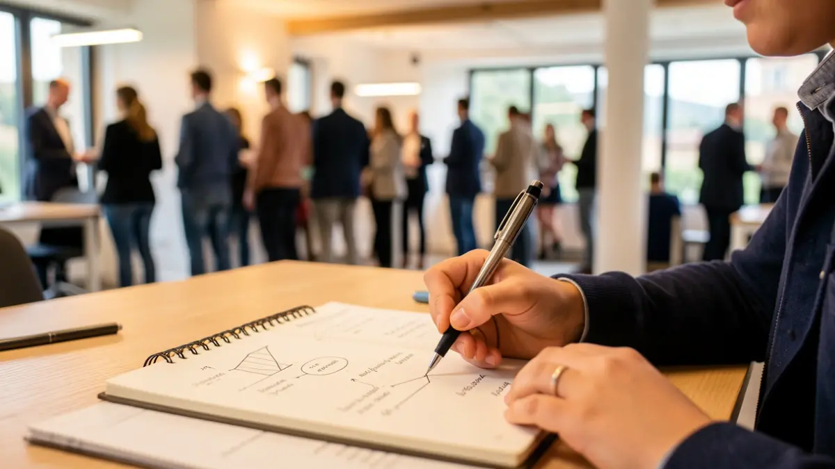 Close-up of a young person's hands sketching a business plan on a notebook, with a blurred background of a modern office space in Provence-Alpes-Côte d'Azur, warm ambient light, shallow depth of field.