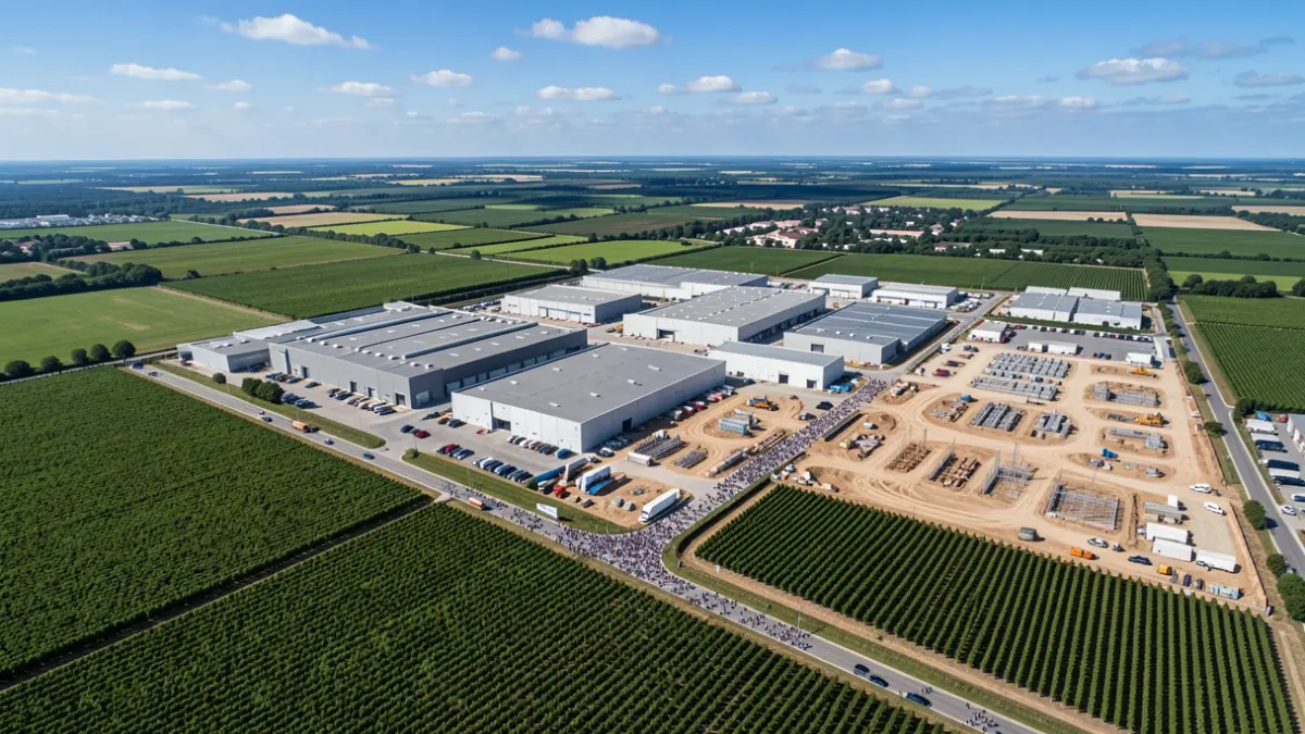 Vue aérienne d'une zone industrielle en Nouvelle-Aquitaine avec des vignobles.