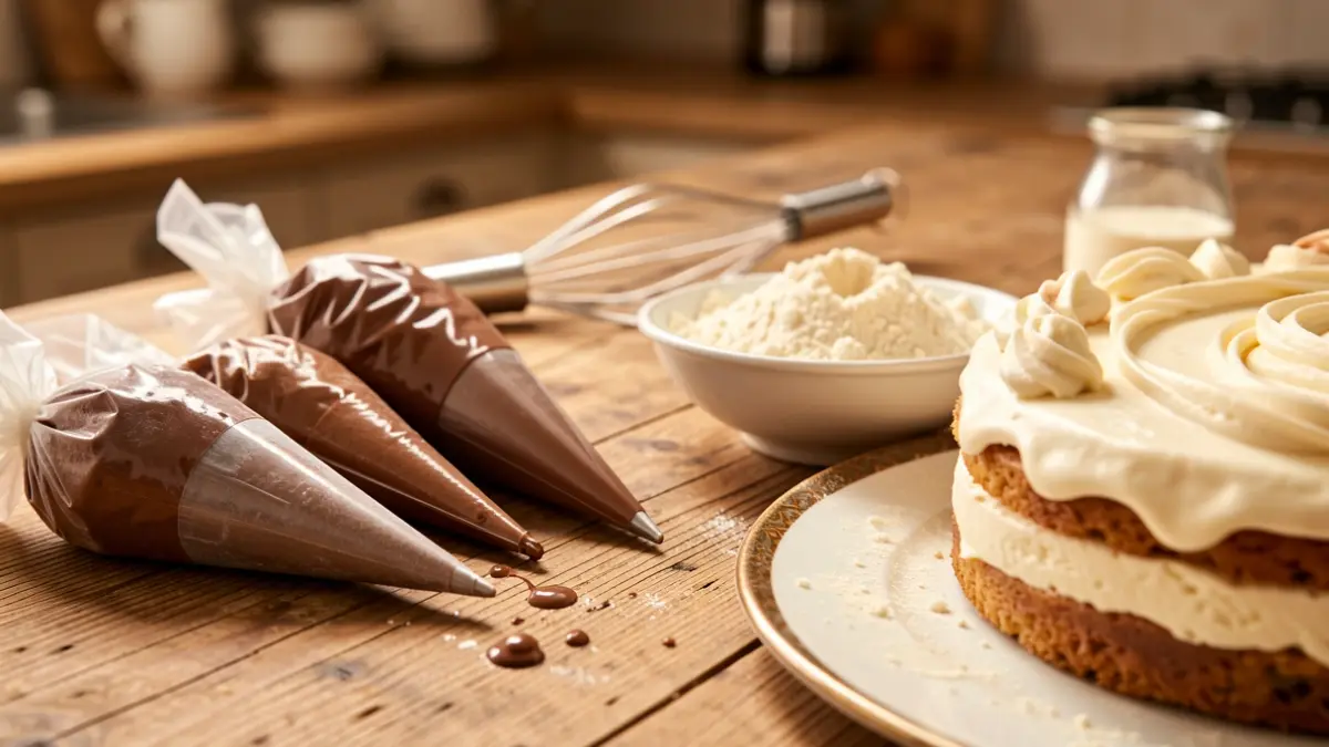 Pastry ingredients and tools for entremets and chocolate decorations.