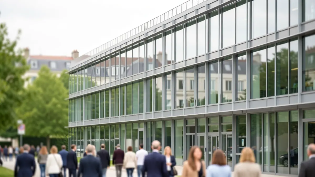 Modern architectural facade of a research institute in Île-de-France, featuring glass and steel elements, with a blurred background of urban greenery.