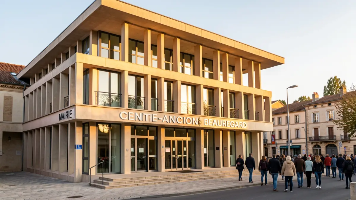 Facade of the Millau town hall in the Centre-Ancien-Beauregard district, under the afternoon sun.