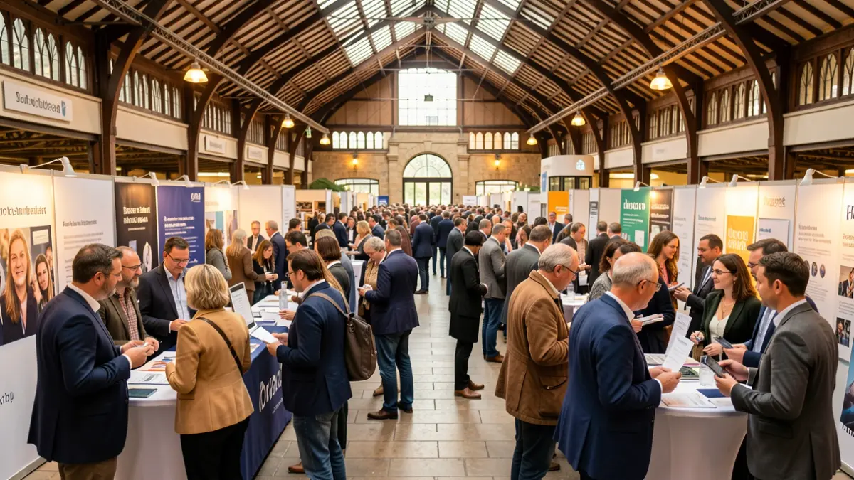 Generic image of a job fair under a market hall.