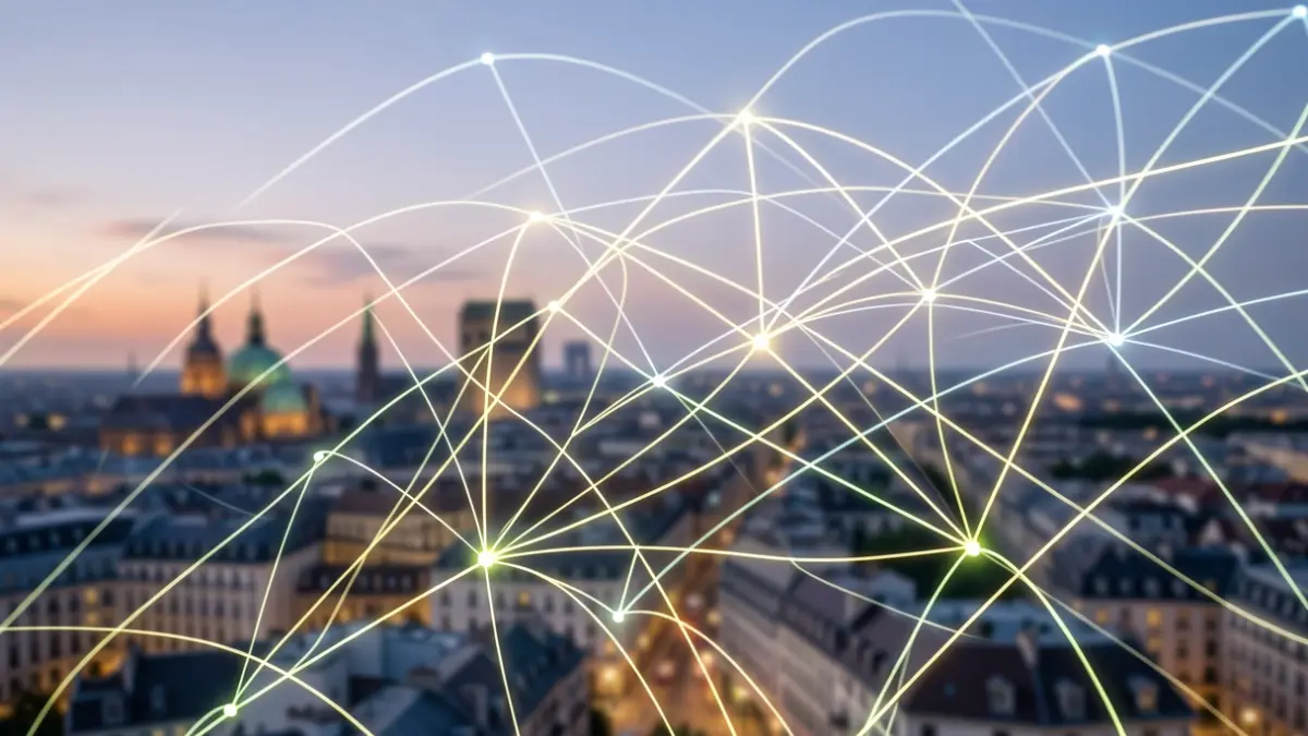 Generic image of interconnected urban energy networks with glowing lines at dusk.