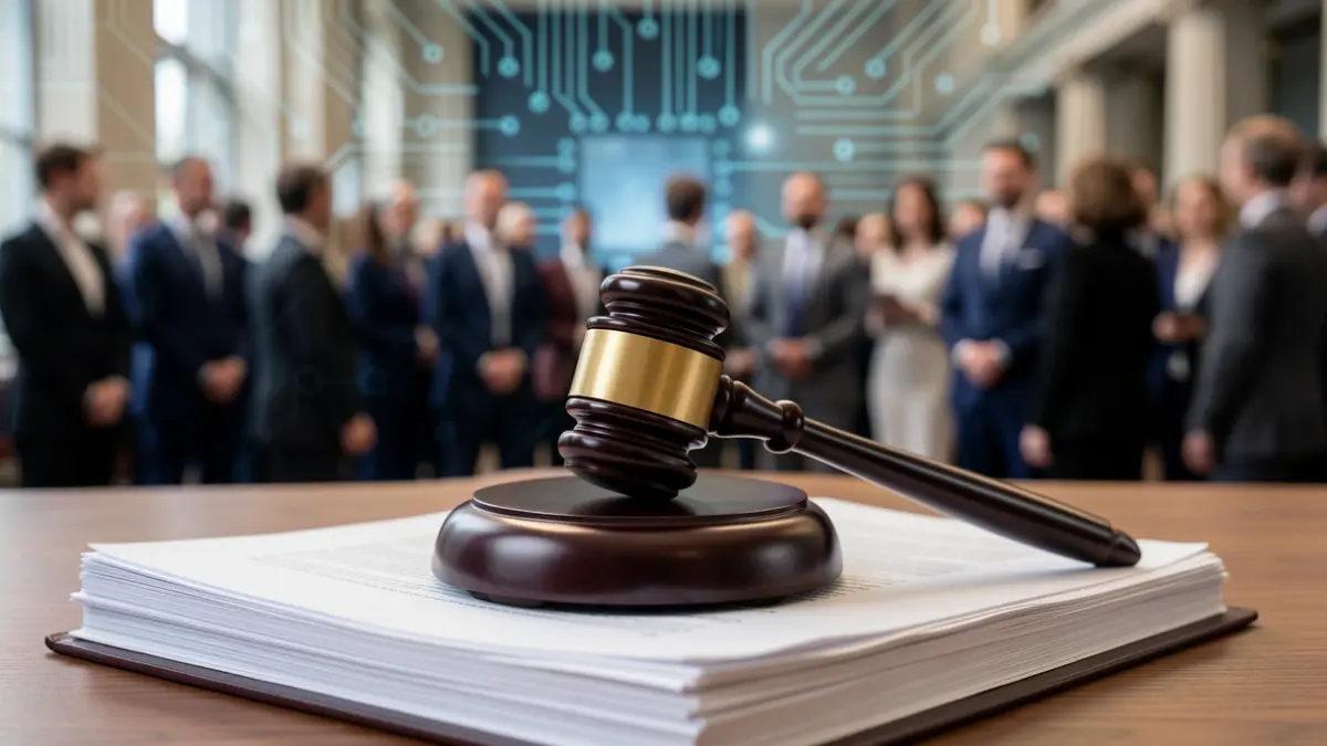 Close-up of a gavel resting on a stack of legal documents, with blurred digital circuit board patterns in the background. Soft, professional lighting.