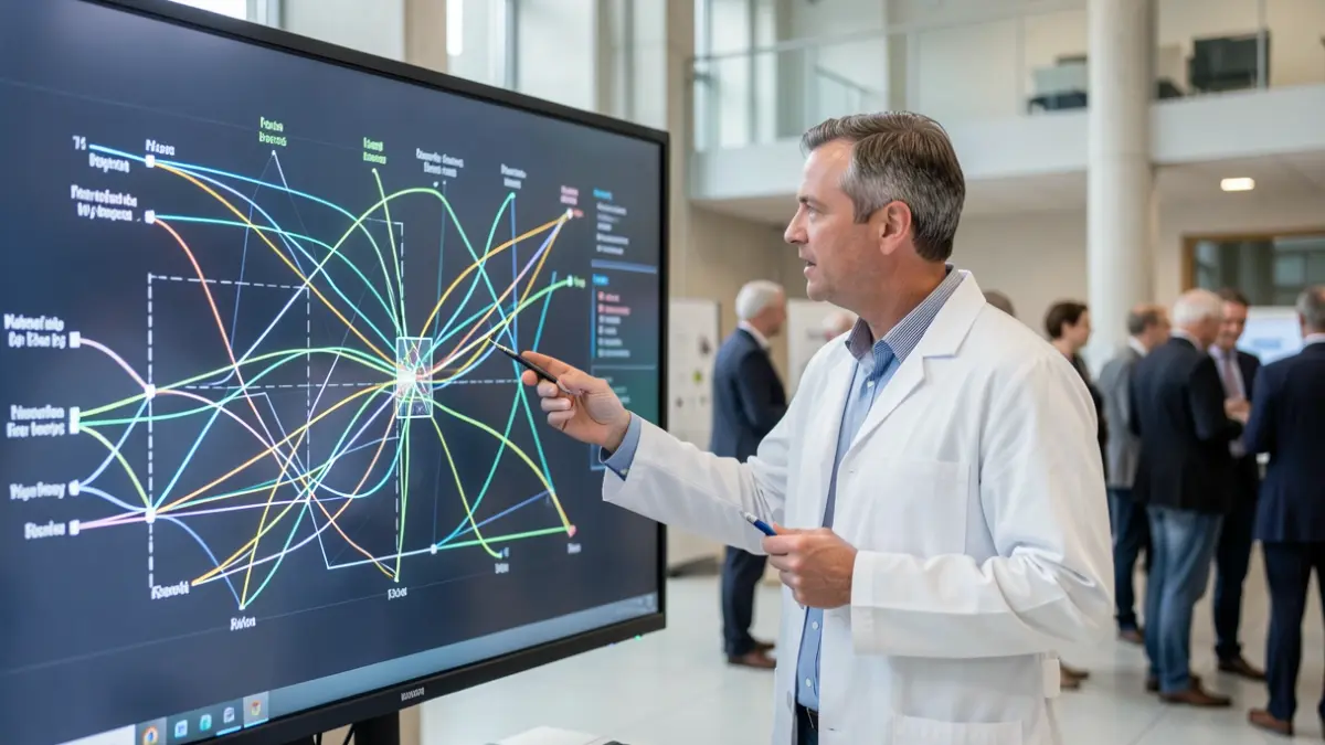 Image générique de technologie énergétique. Un professeur explique un schéma de réseau énergétique complexe.