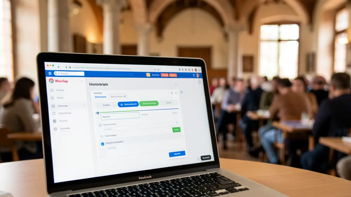 Interface de Wooclap sur un écran d'ordinateur dans une salle de conférence universitaire.