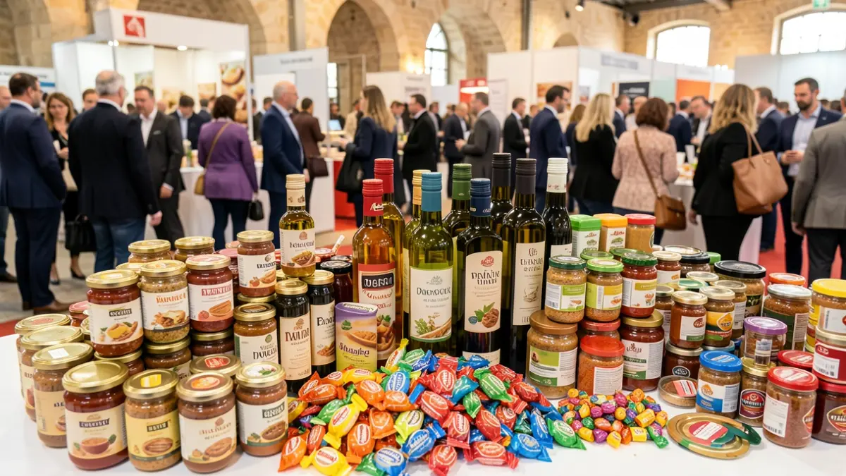 Generic image of various food products displayed on a trade show booth, with a blurred crowd in the background.