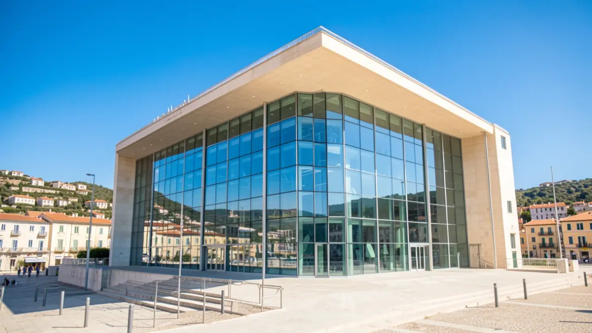 Image générique d'une façade de centre de congrès moderne sous un ciel bleu ensoleillé.