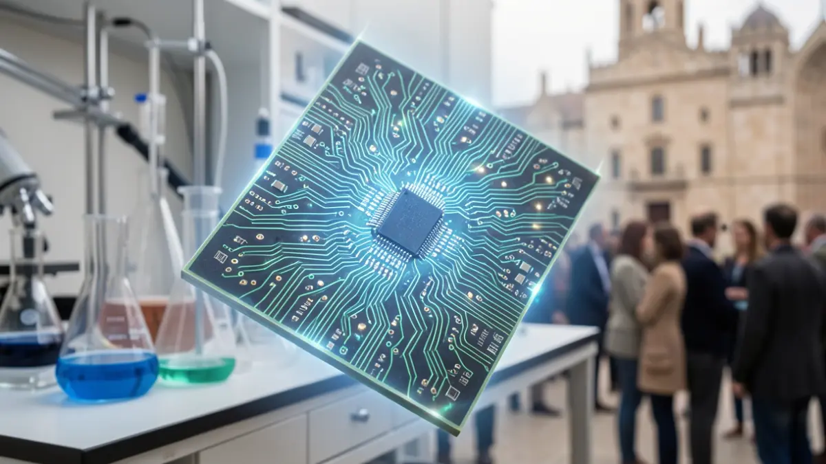 Image générique de gros plan sur une puce électronique lumineuse avec des circuits complexes, sur fond flou d'équipement scientifique et de verrerie de laboratoire. Éléments architecturaux de l'Occitanie en arrière-plan.