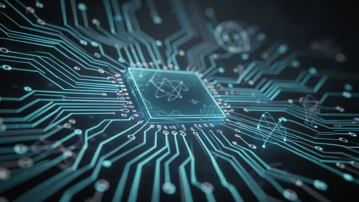 Generic image of glowing circuit patterns and abstract quantum elements on a dark background.