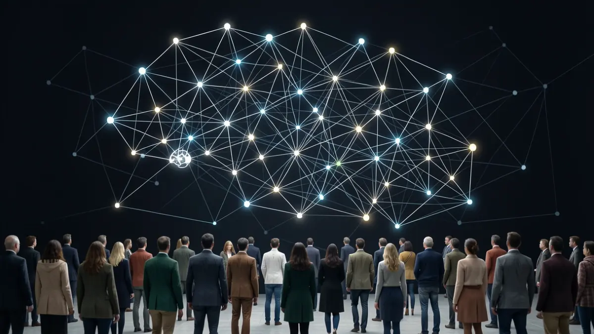 Image générique représentant un réseau abstrait de systèmes de santé interconnectés, avec des nœuds lumineux et des lignes formant une toile complexe sur fond sombre.