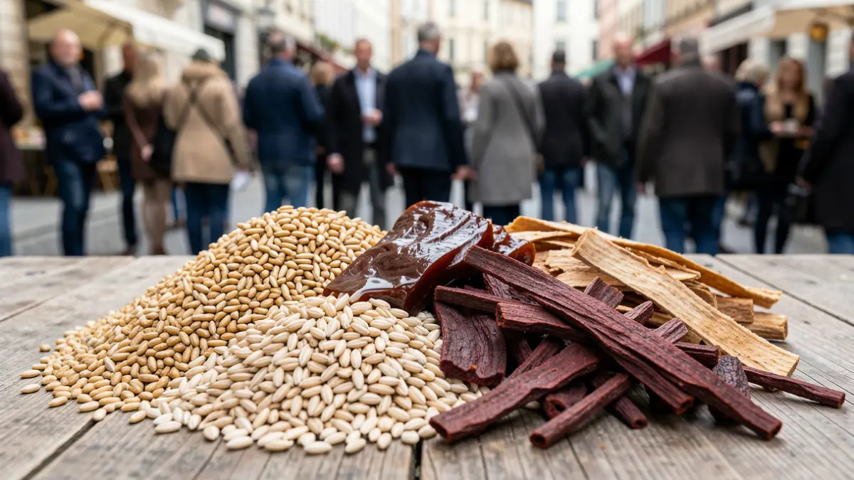 Generic image of various animal feed ingredients like grains, molasses, and dried beet pulp.