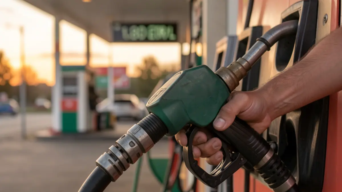 Image générique d'une main tenant un pistolet de pompe à carburant avec un prix affiché.