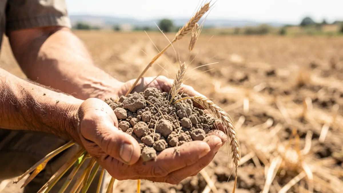 Farmer's hands holding dry soil with wilting wheat stalks, symbolizing drought.