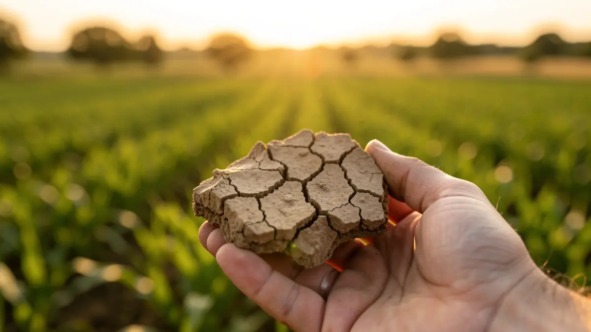 Hand holding dry, cracked earth, symbolizing drought, with blurred agricultural fields in the background.
