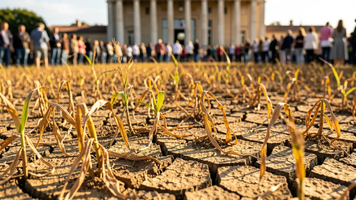 Generic image of drought-affected agricultural land in Nouvelle-Aquitaine with an official building in the background.