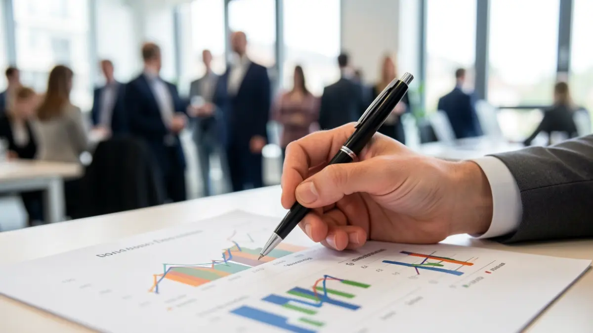 Image générique d'une main tenant un stylo au-dessus de documents financiers avec des graphiques, dans un bureau.
