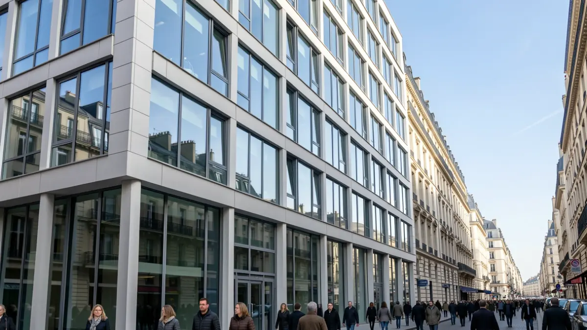 Image générique de façade d'un immeuble de bureaux moderne à Paris.
