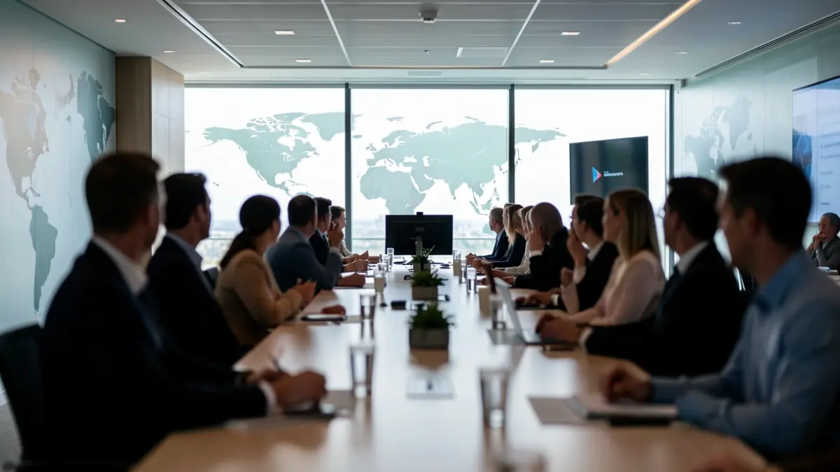 Generic image of international collaboration in the audiovisual field, with blurred silhouettes in a modern conference setting.