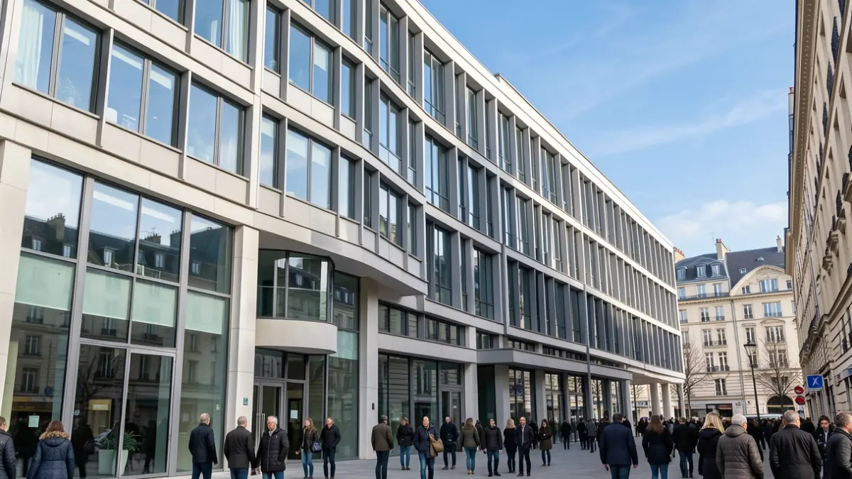 Image générique d'une façade d'immeuble de bureaux moderne en France.