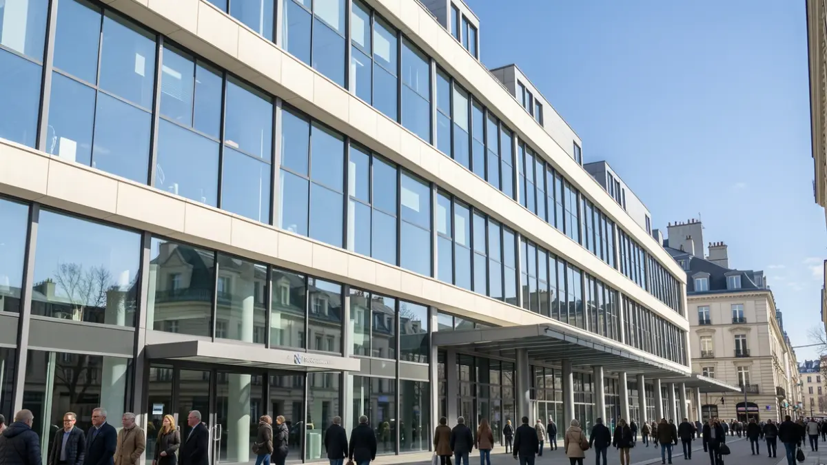 Image générique d'une façade d'immeuble de bureaux moderne en France, avec de grandes fenêtres et un ciel bleu.