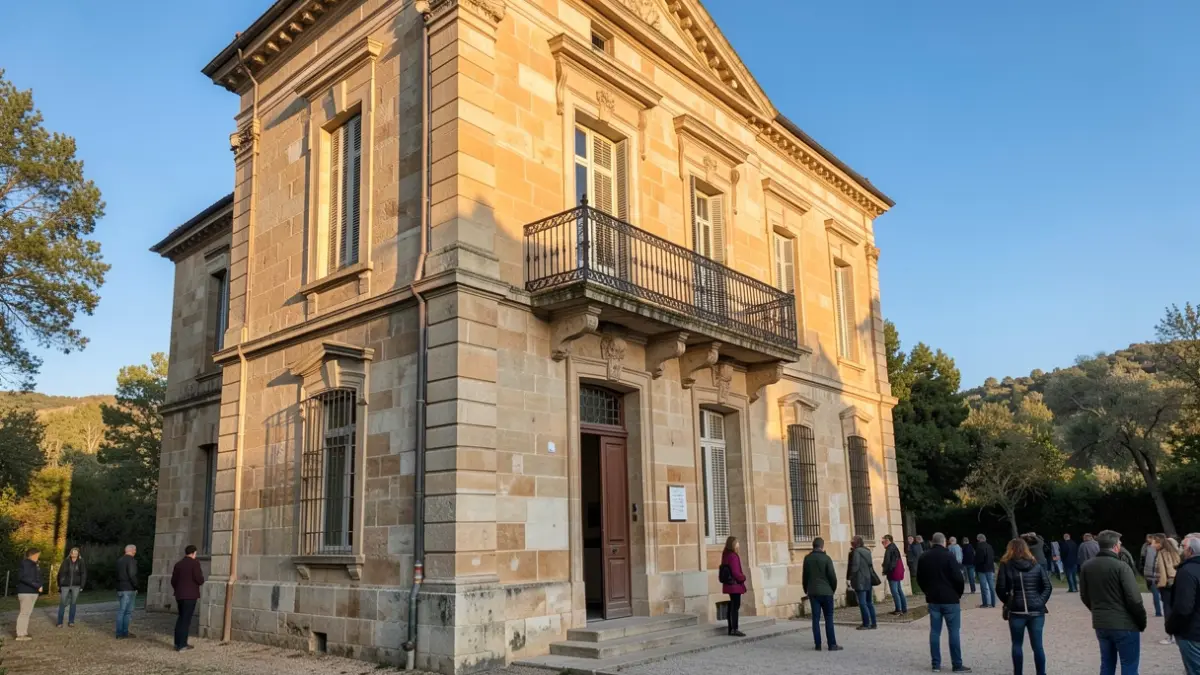 Image générique de la façade d'une mairie en pierre du sud de la France avec un balcon orné, sous un soleil d'après-midi.