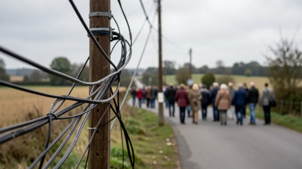 Generic image of damaged electrical poles after a storm, with a blurred background of a French country road.