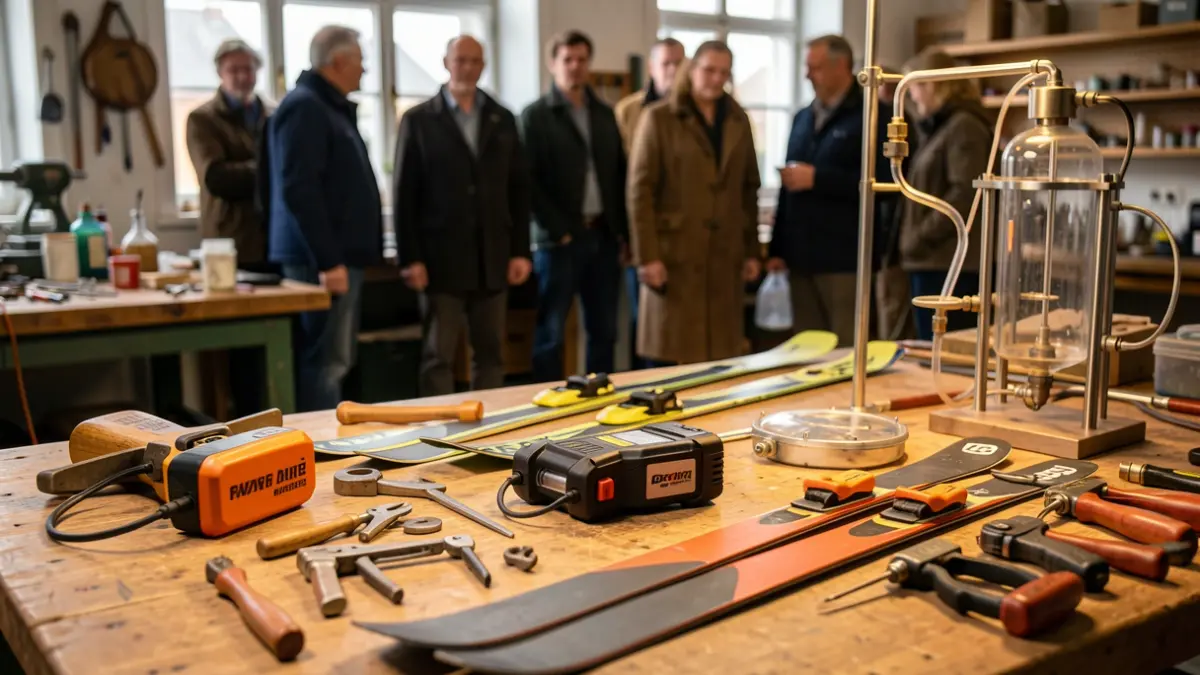 Image générique d'un établi d'artisan avec divers outils et prototypes innovants.