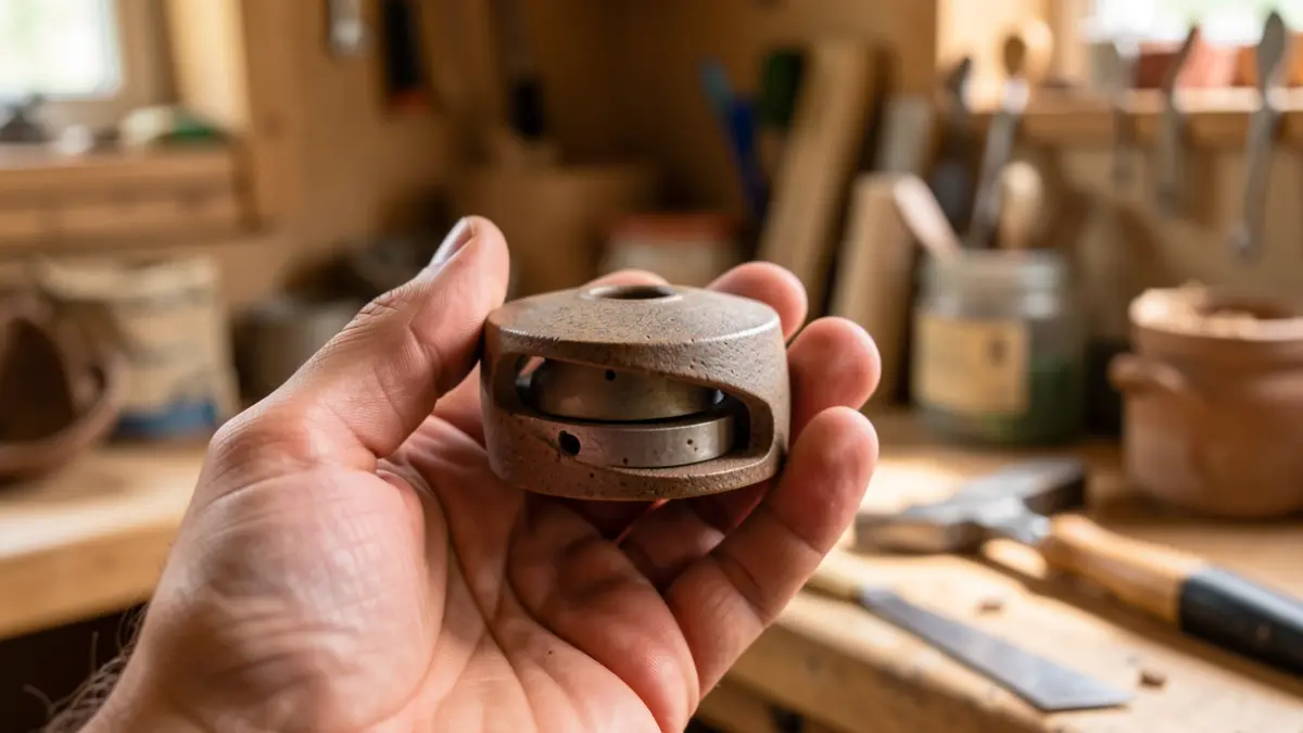 Image générique d'un produit artisanal innovant tenu dans une main, avec un arrière-plan flou d'outils d'atelier. Lumière chaude et ciblée.