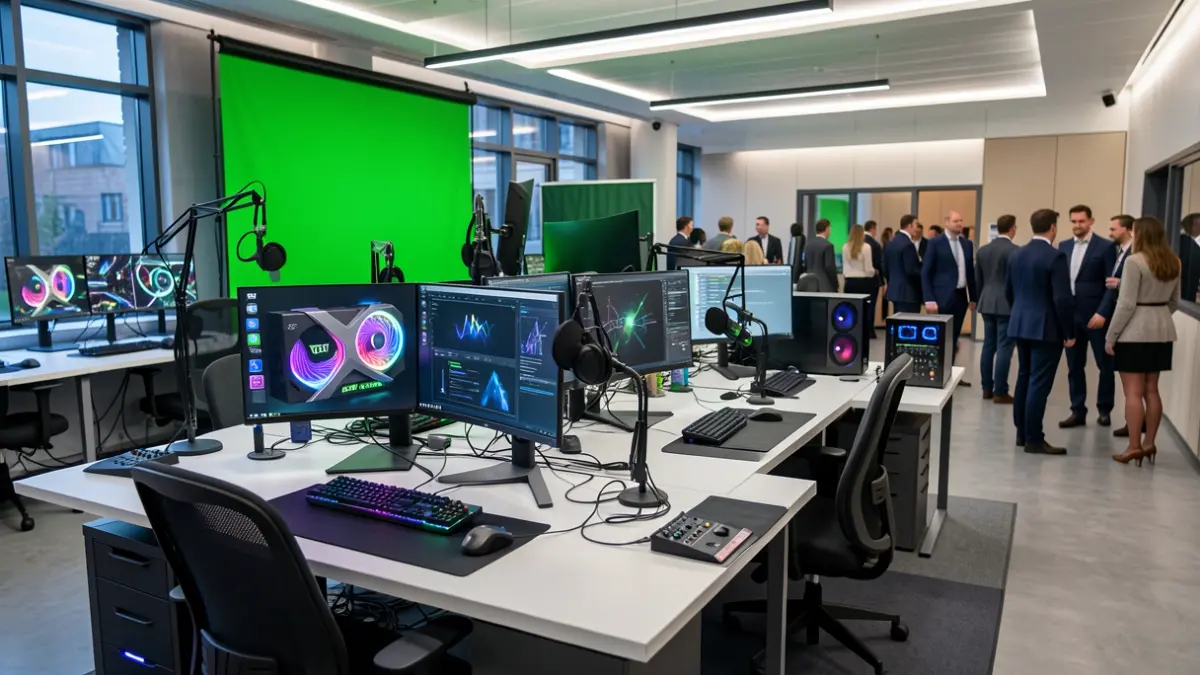 Interior of a modern digital campus with advanced computer workstations, a green screen studio, and audio/video recording equipment.