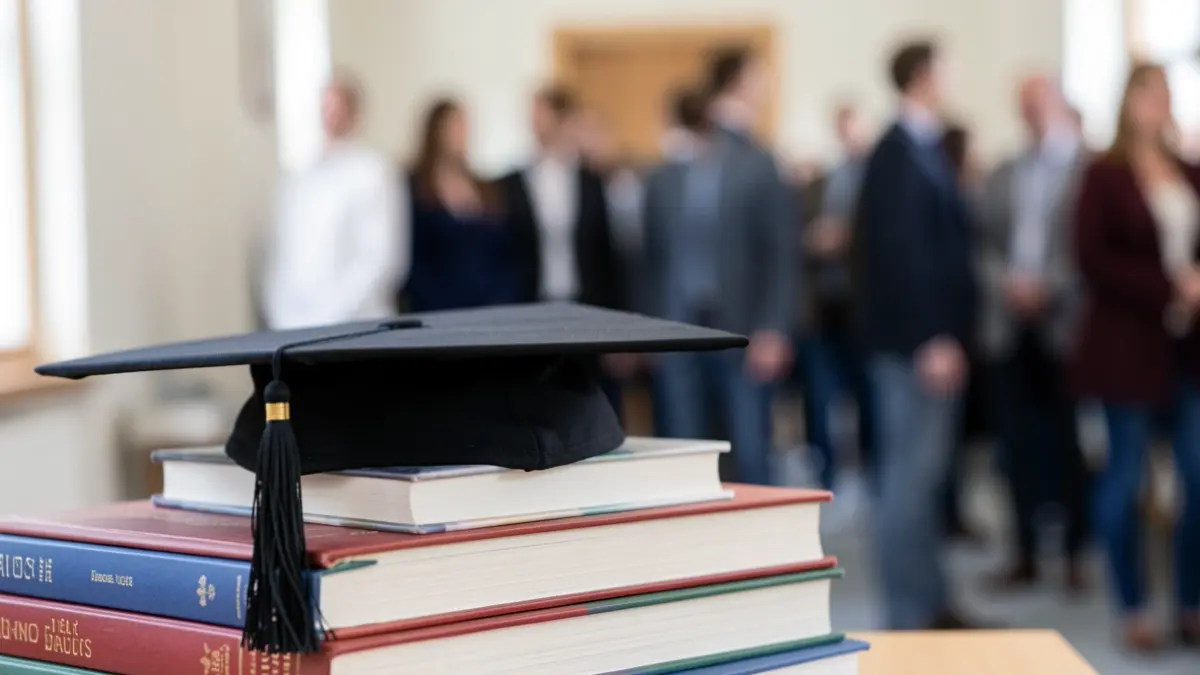 Image générique d'un chapeau de diplômé posé sur des livres, symbolisant la baisse des effectifs dans l'enseignement supérieur.