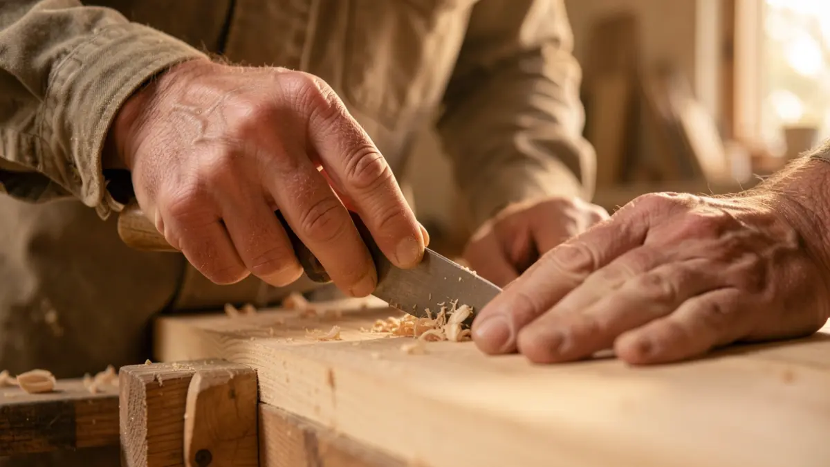 Image générique de mains d'artisan travaillant le bois avec des outils, dans une lumière chaude.