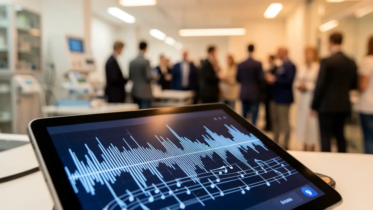 Generic image of a tablet displaying sound waves and musical notes in a laboratory environment.