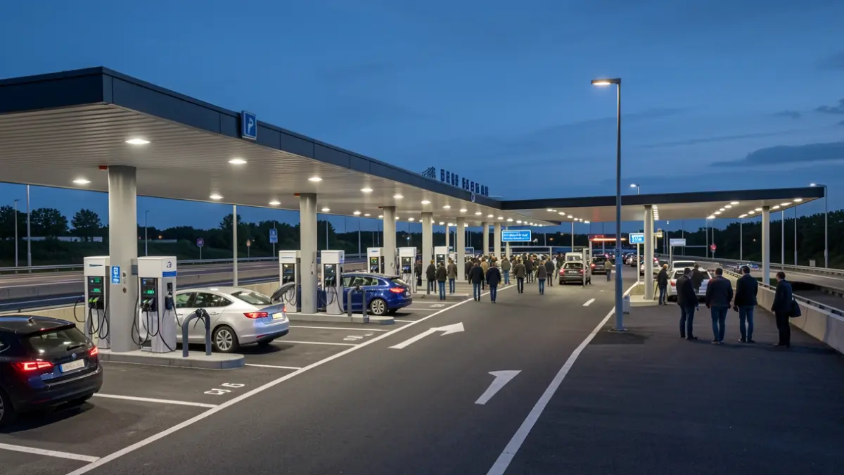 Generic image of electric vehicle charging stations at a French highway service area at dusk.