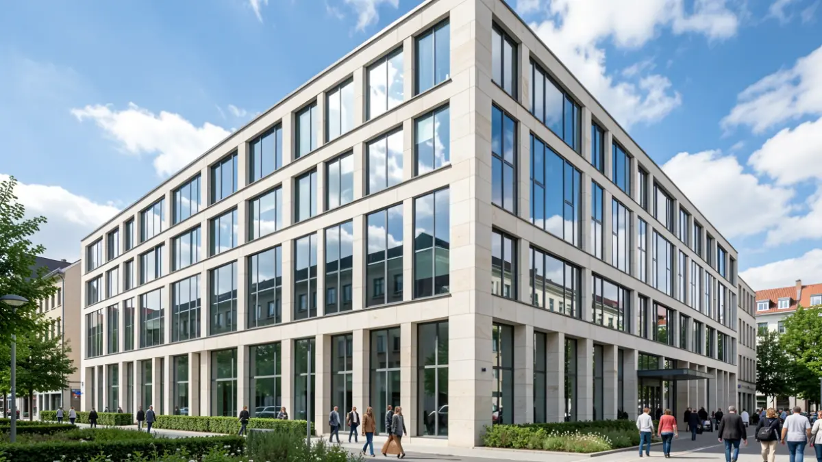 Image générique d'une façade d'immeuble de bureaux moderne.