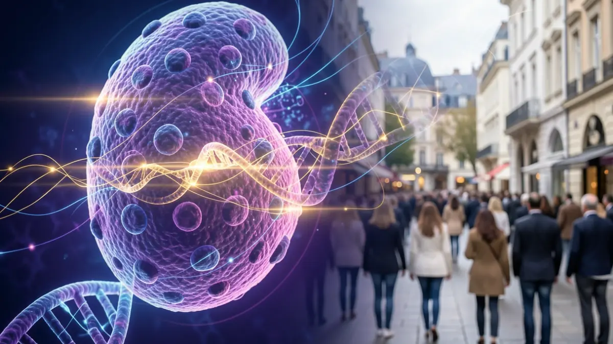 Image générique de représentations abstraites de la recherche scientifique sur le cancer, avec des structures cellulaires stylisées et des flux de données lumineux.